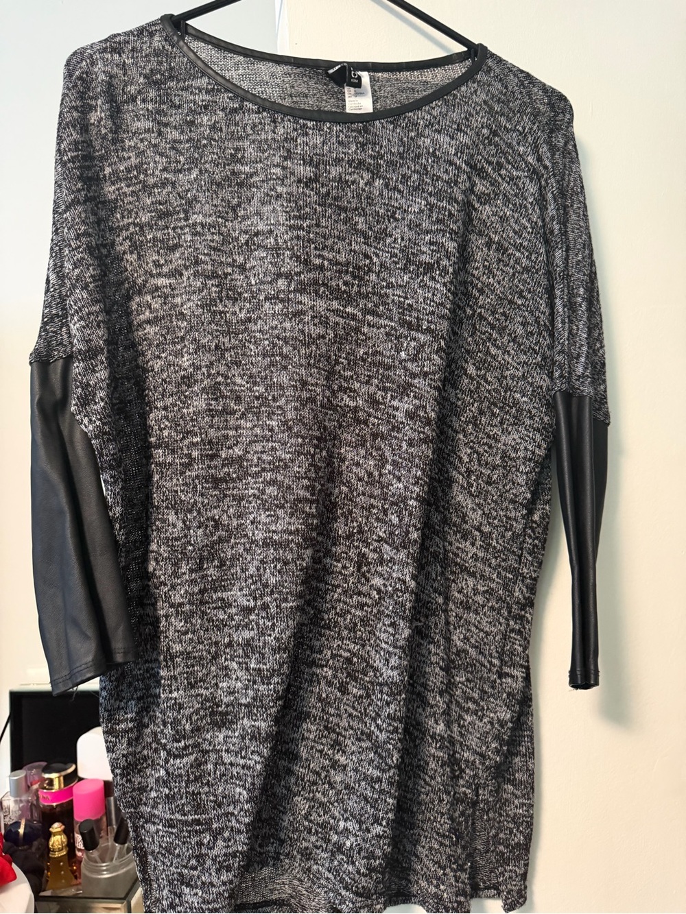 H&M Black & Gray Textured Knit Top with Faux Leather Trim - M